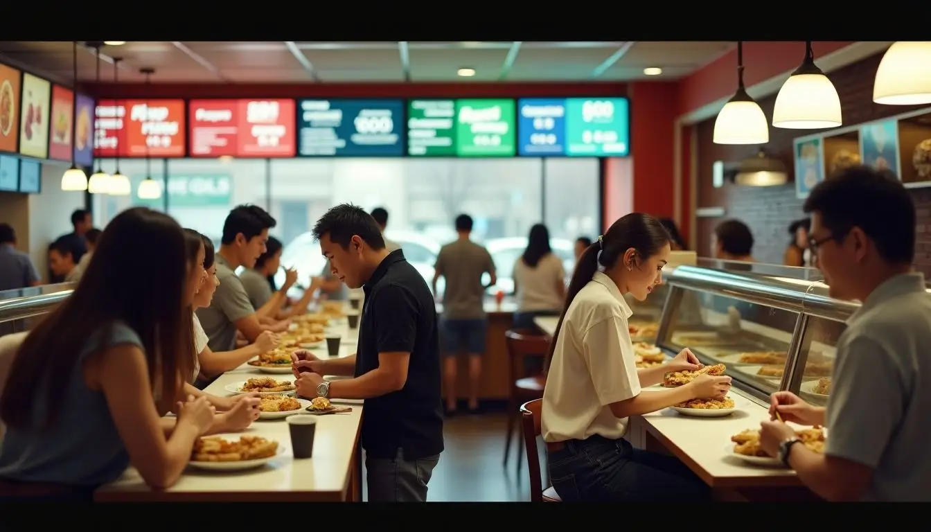 A busy 2025 quick-service restaurant with digital signs and engaged customers.
