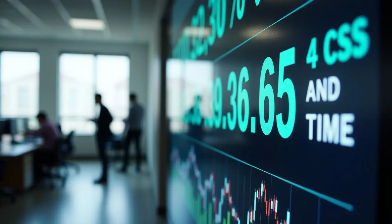 Digital signage in a modern office displaying cost and time statistics.