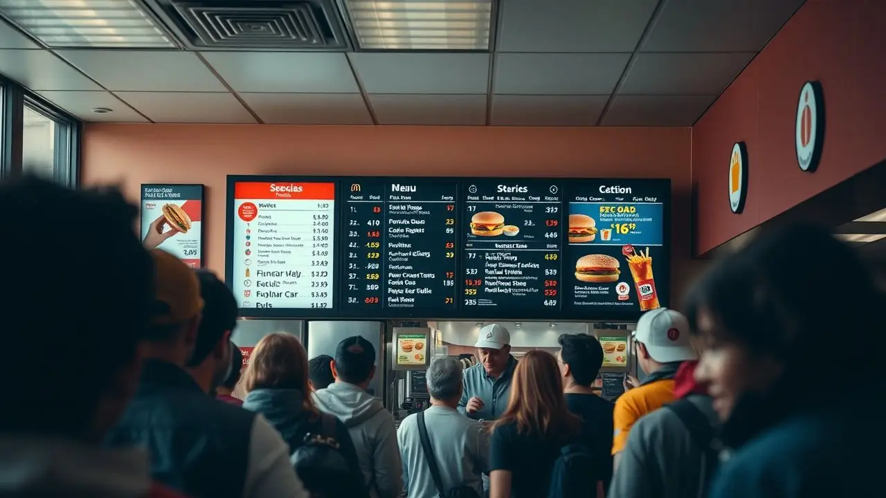 A busy restaurant with a modern digital menu board.
