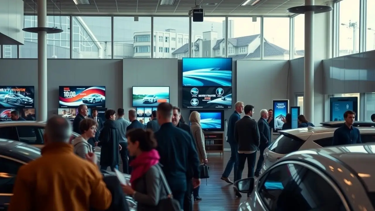 A busy car dealership showroom with digital displays and engaged customers. A busy car dealership showroom with digital displays and engaged customers.