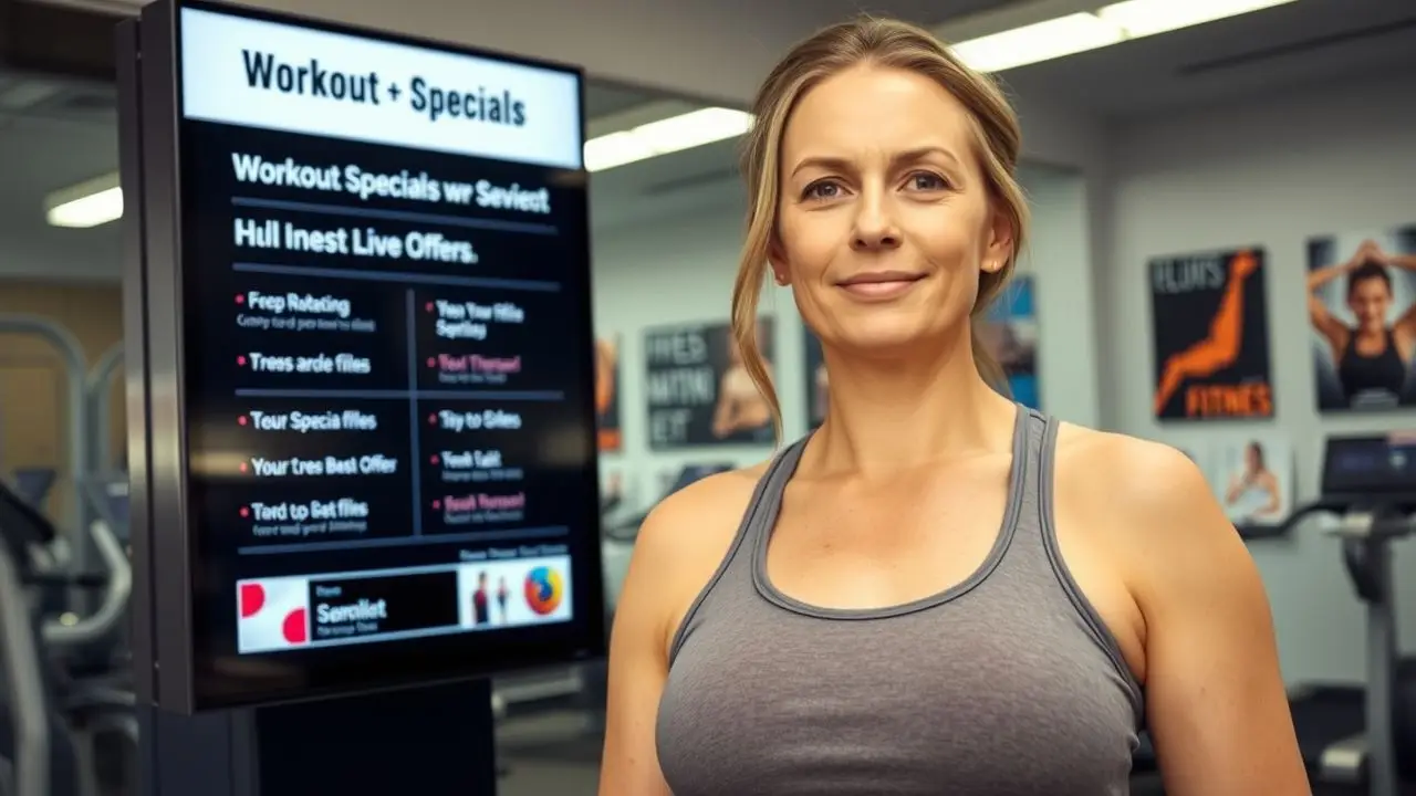 A woman updates gym specials on digital signage board.