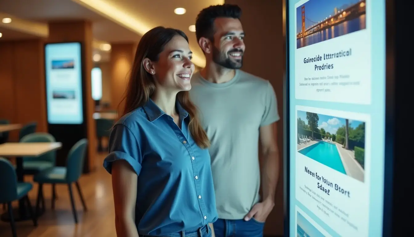 A couple in their 30s looking at nearby attractions in a hotel lobby.