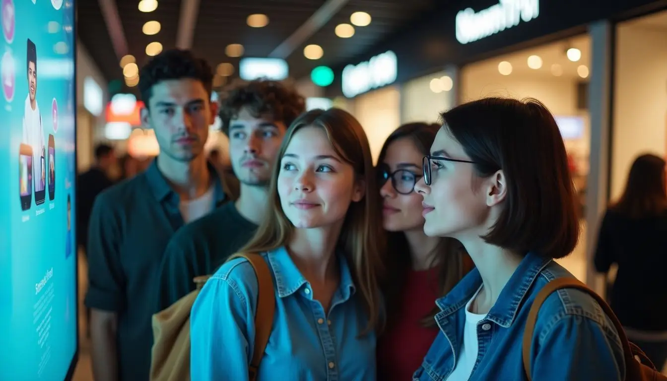 A group of young adults interact with an interactive display in a busy shopping mall.
