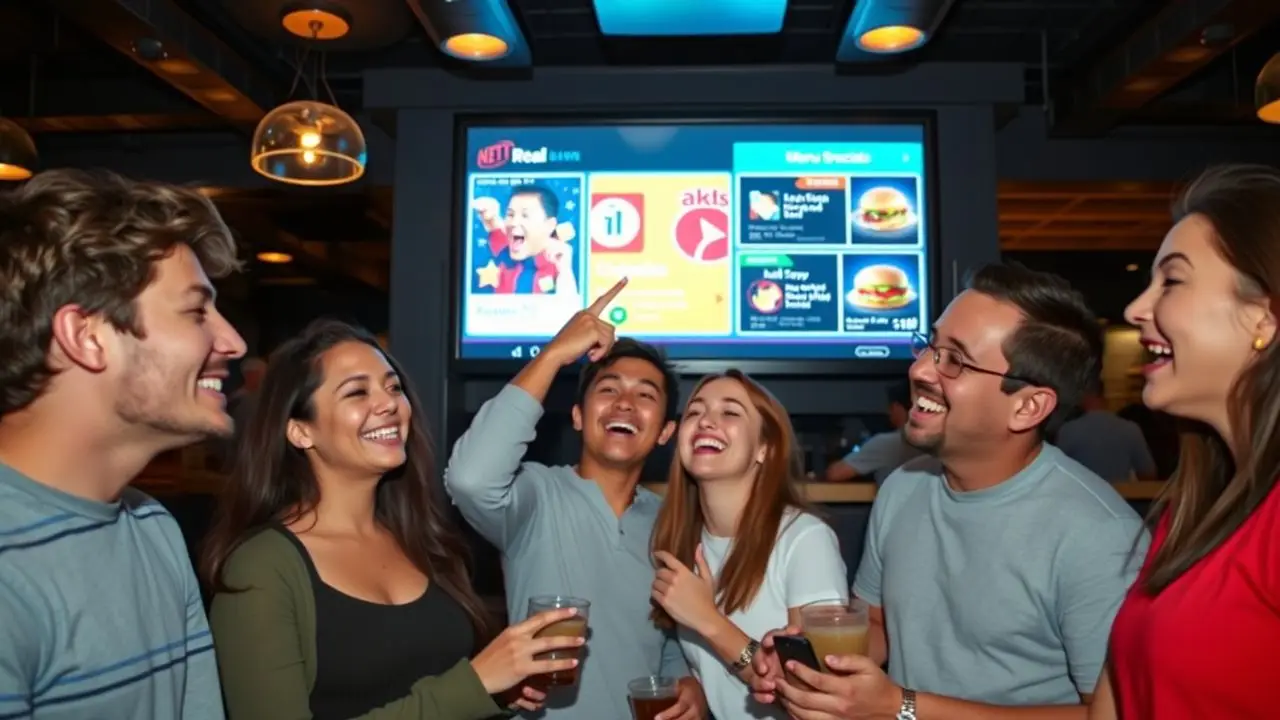 A group of young adults enjoying interactive games and specials at a modern restaurant.