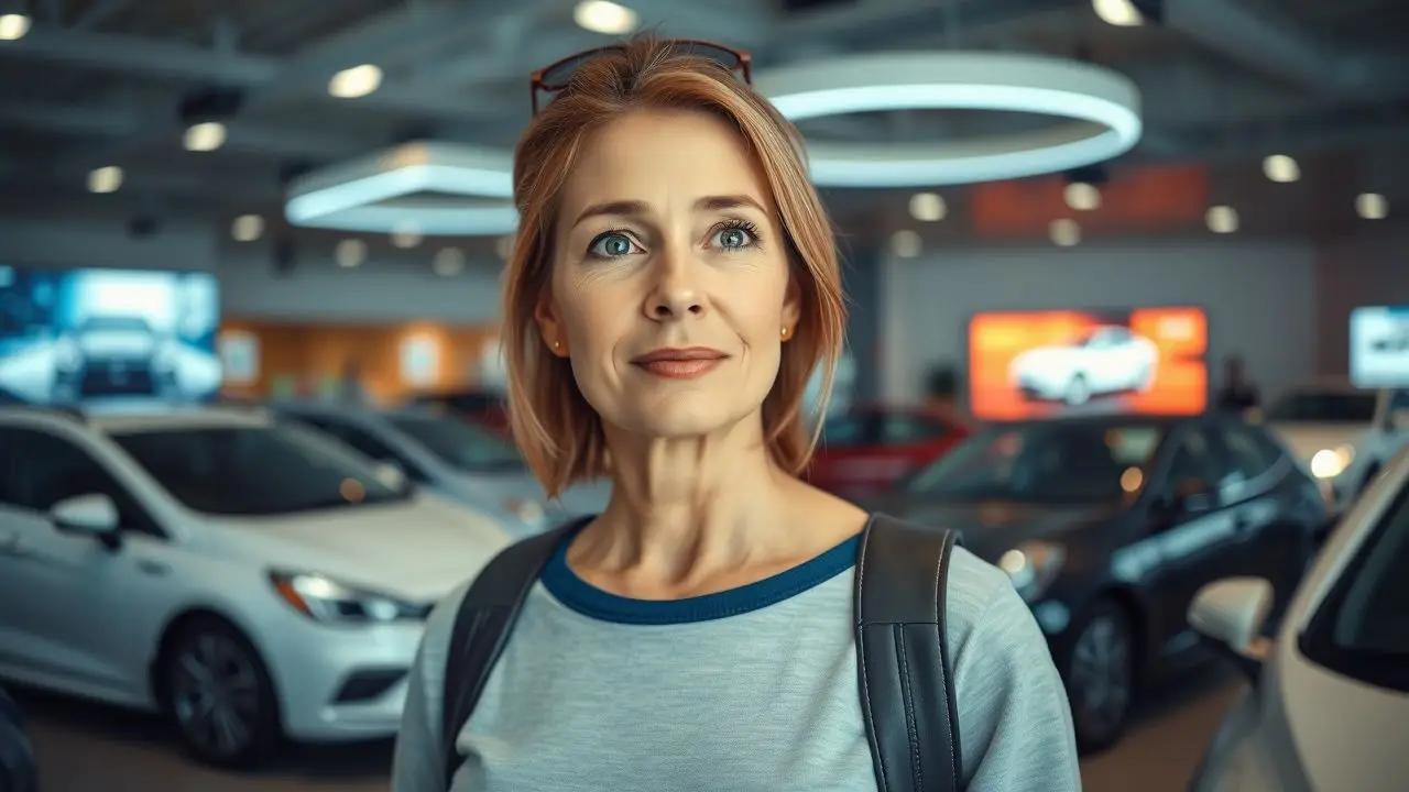 A woman exploring a virtual reality car showroom at a dealership.