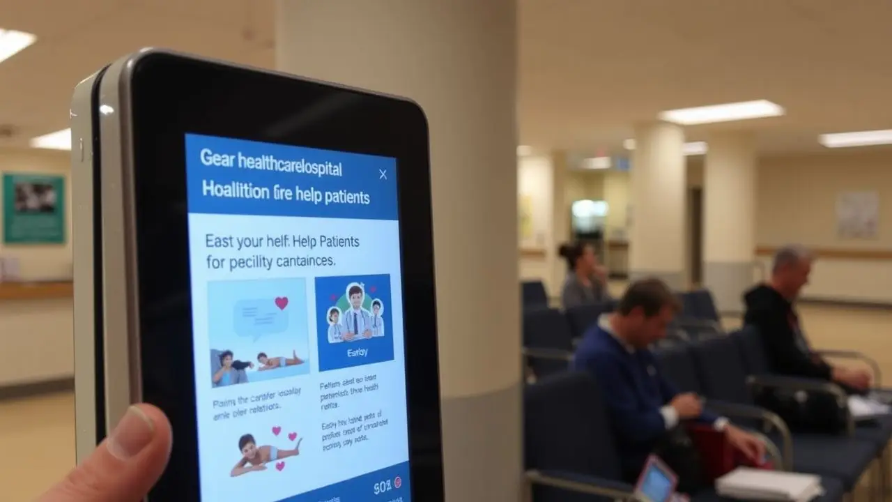 A digital display in a hospital waiting area provides patient education.