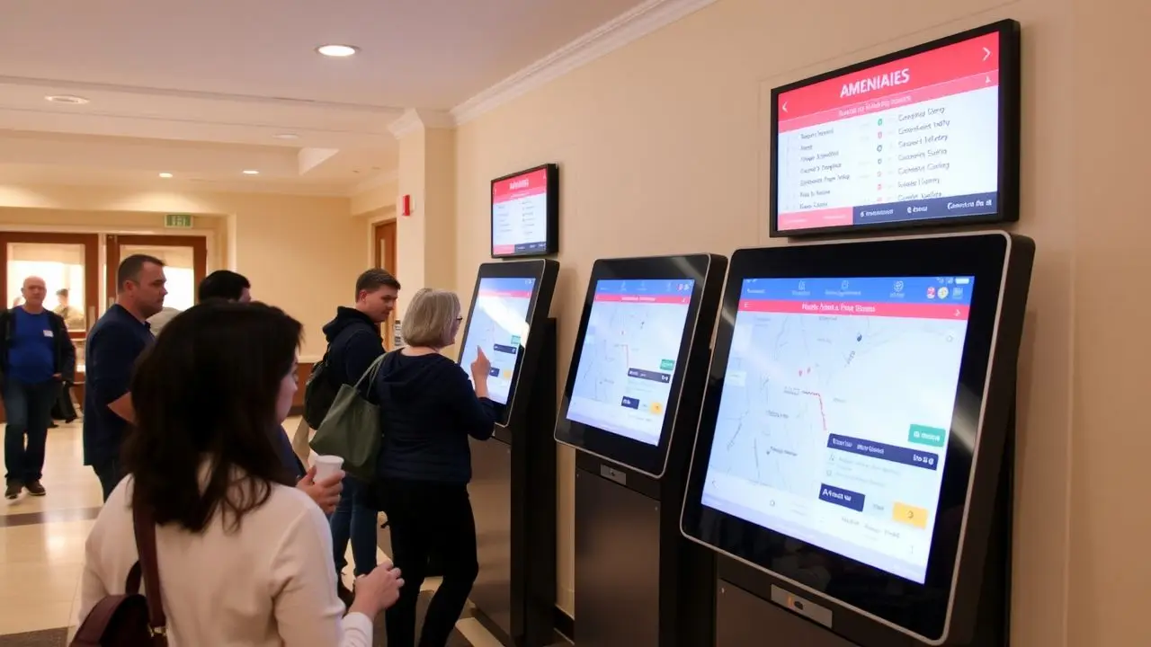A hotel lobby with digital kiosks providing information to guests.