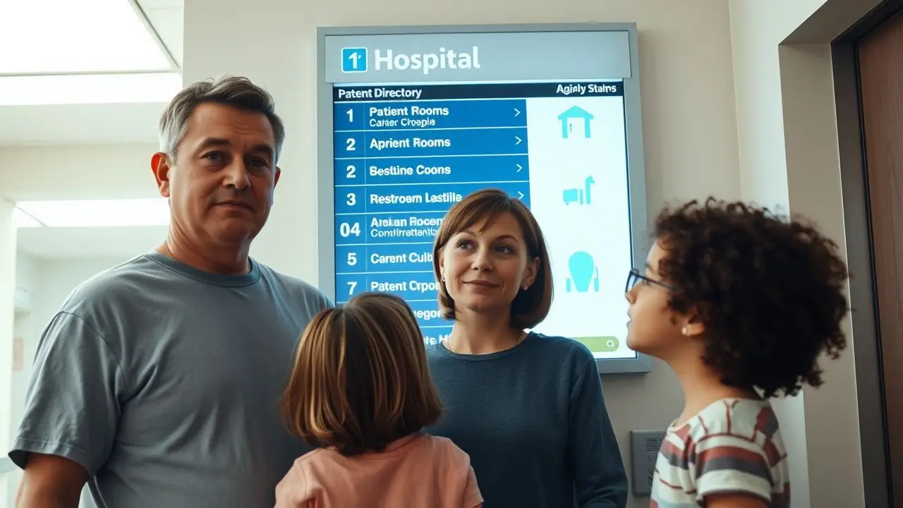 A family of four is looking at a hospital directory. A family of four is looking at a hospital directory.