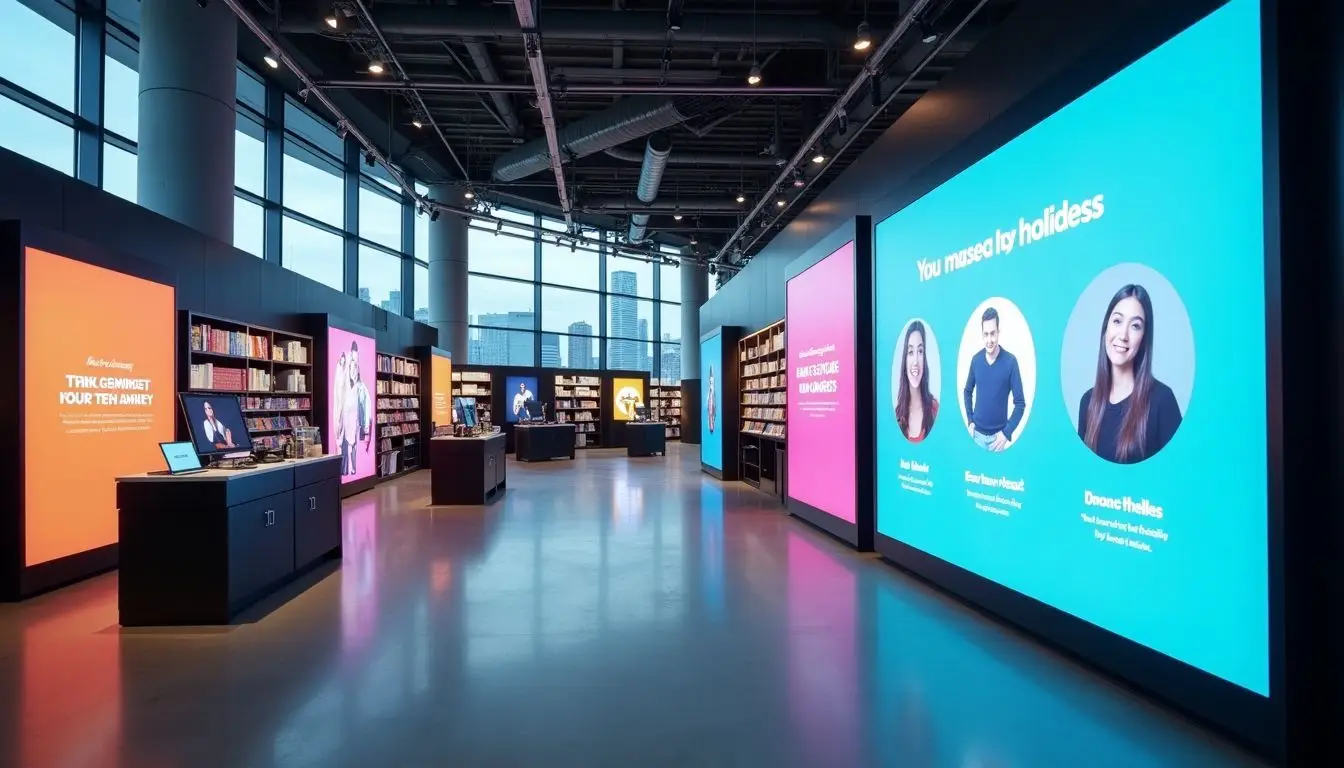 A retail space with digital screens displaying personalized offers and products. A retail space with digital screens displaying personalized offers and products.