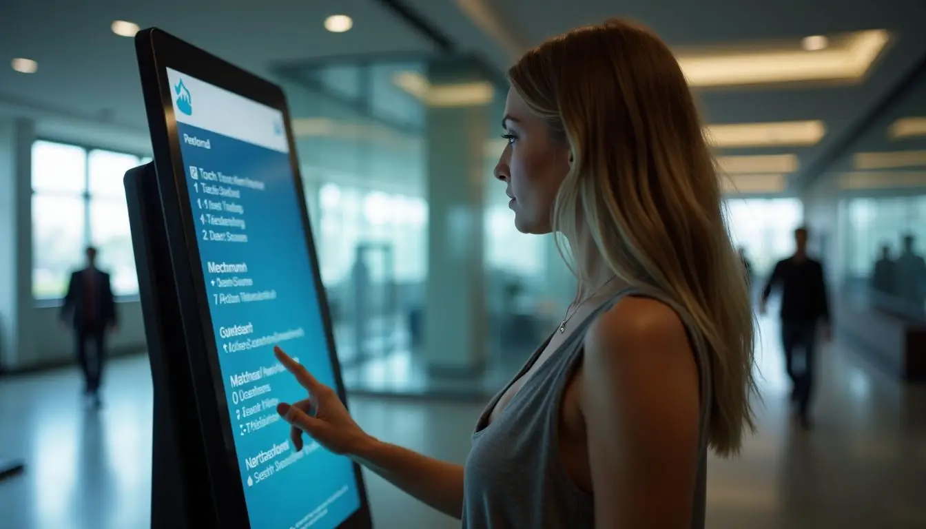 A woman in her 30s using a digital wayfinding kiosk in an office lobby.