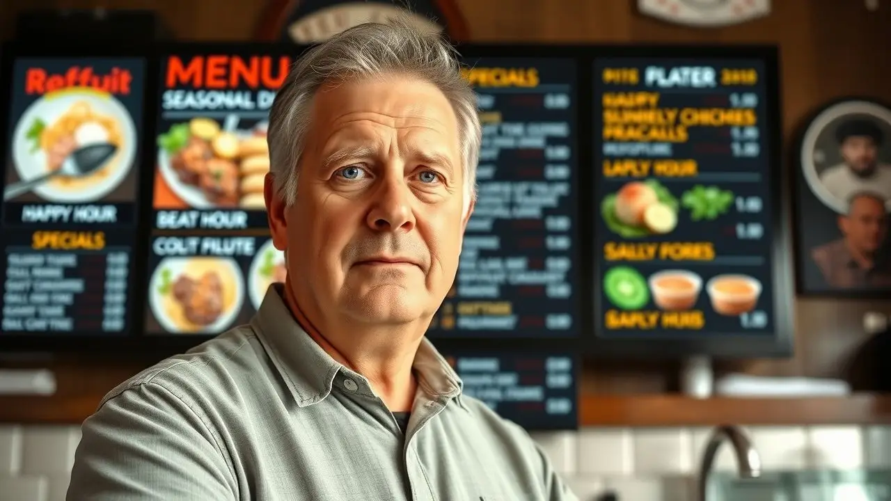 A restaurant owner updating a digital menu board with seasonal offerings.