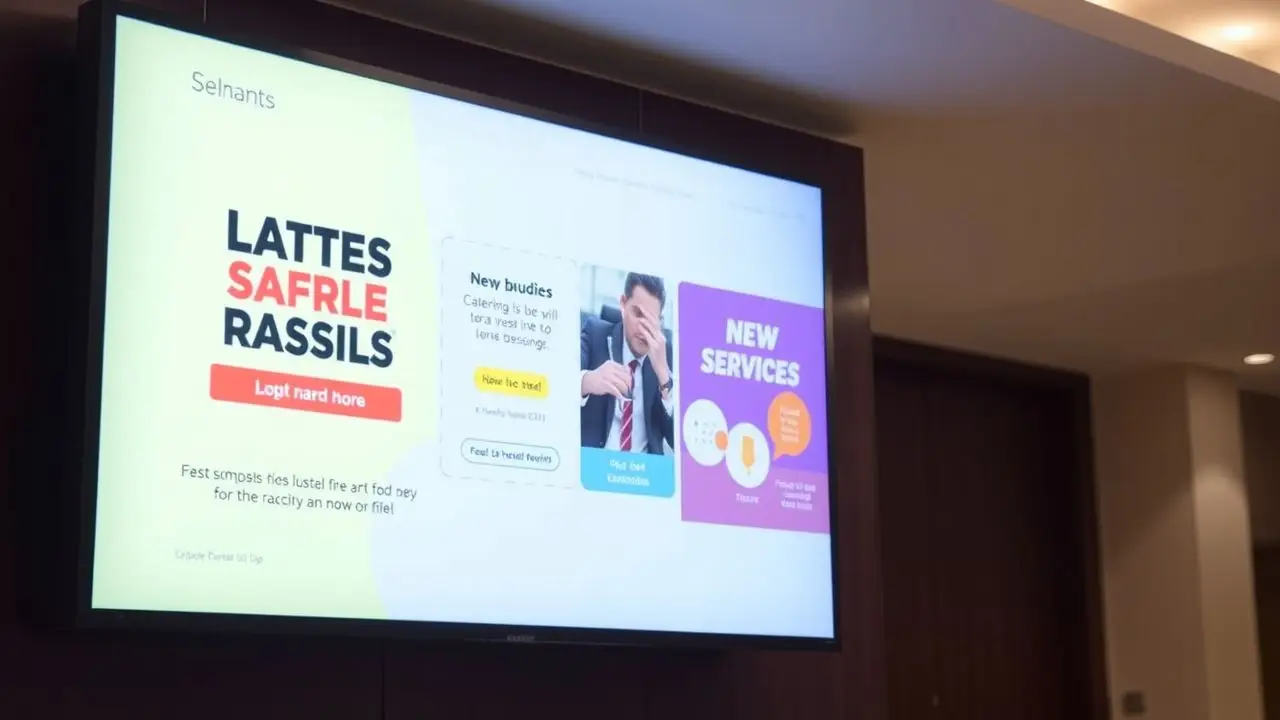 A digital screen in a hotel lobby promotes new services and events.