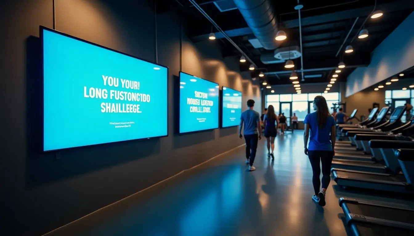A digital signage display in a fitness center motivates members with challenges and success stories. A digital signage display in a fitness center motivates members with challenges and success stories.