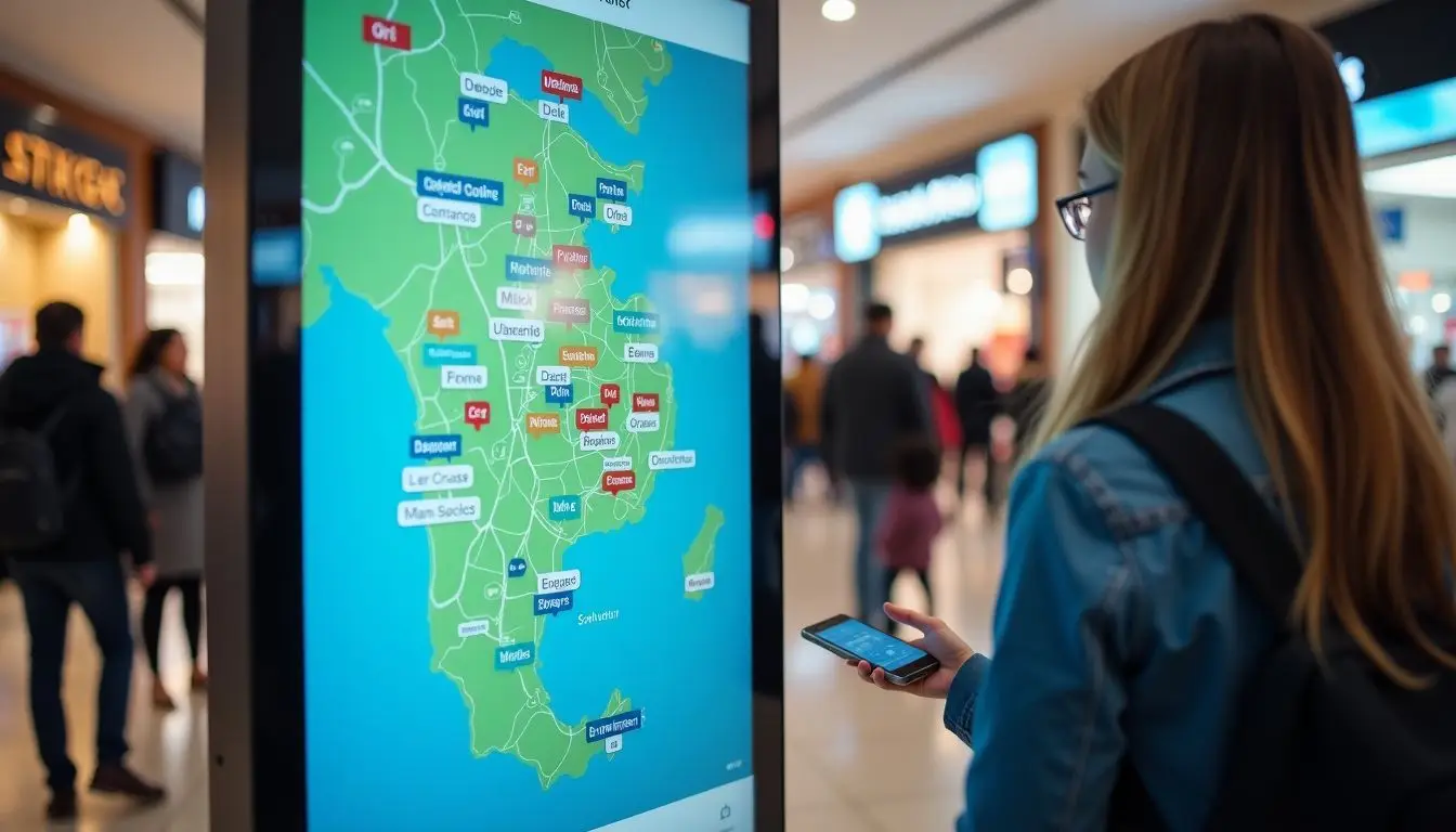A touch screen kiosk in a shopping mall displaying an interactive map.
