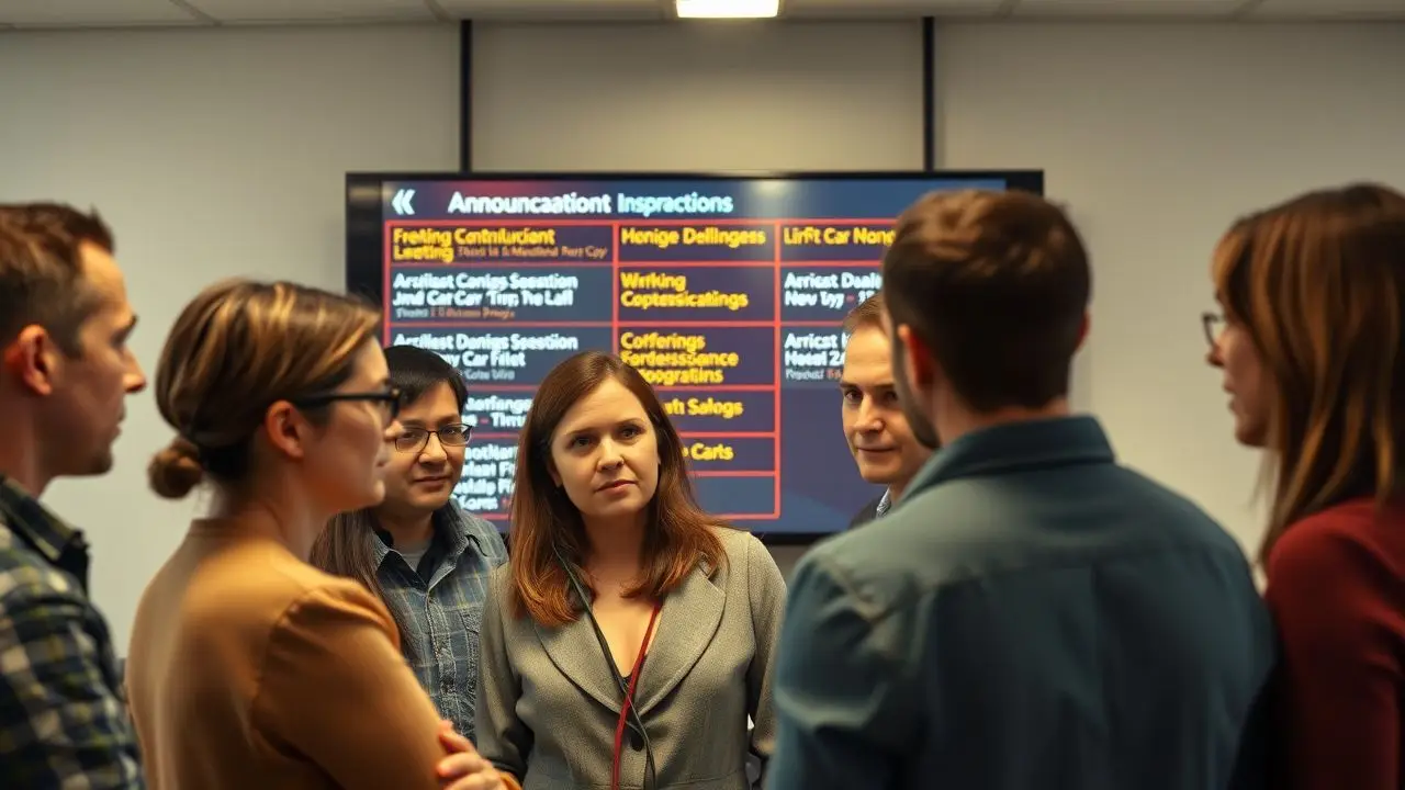 A group of employees discussing updates on a digital screen in office.