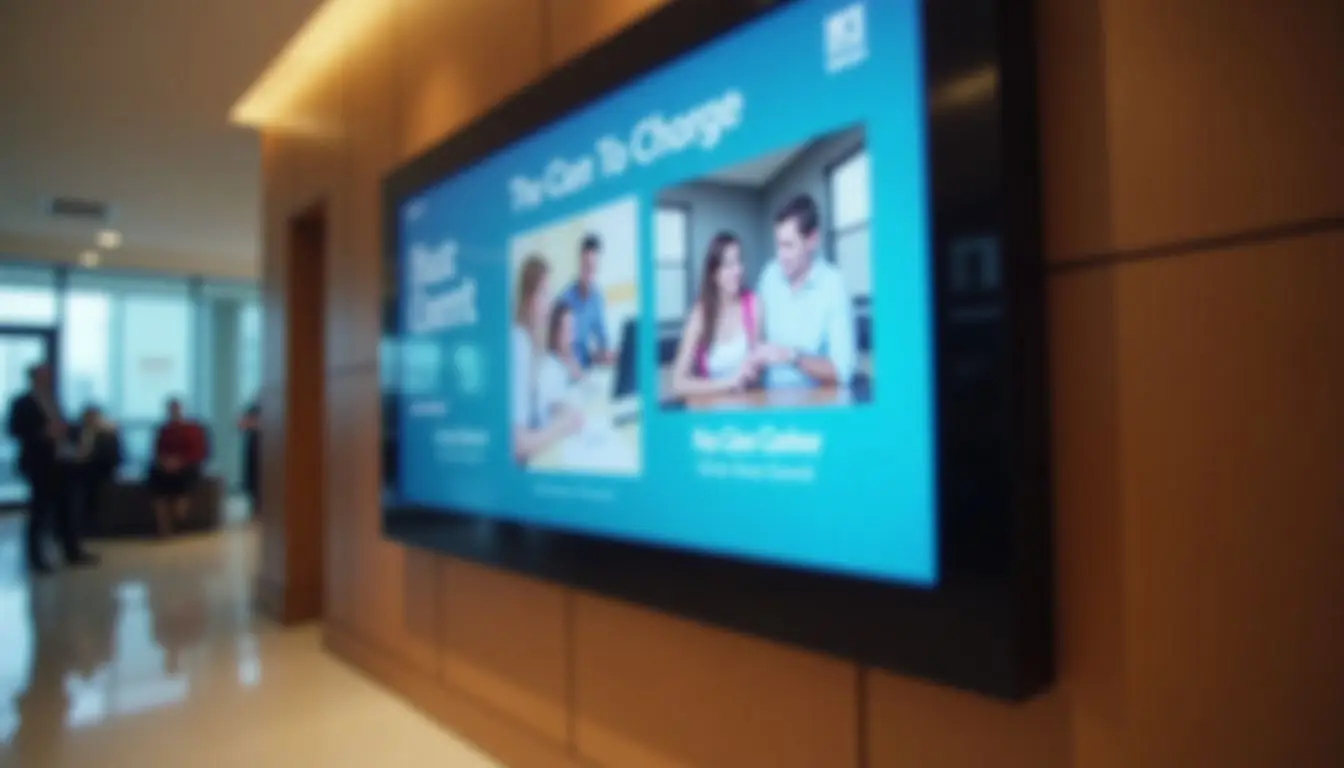 A digital signage display in a hotel lobby provides guest information.