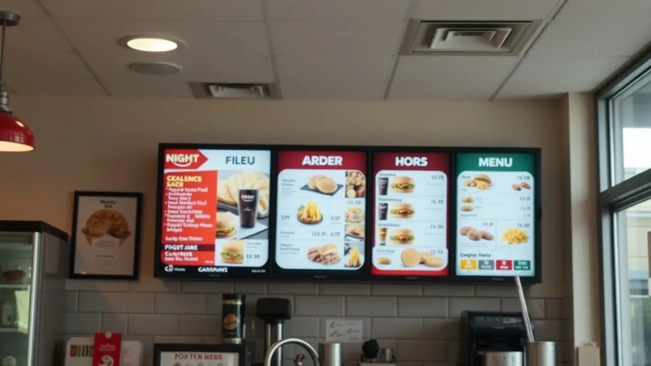 The digital menu display in a quick-service restaurant features colorful visuals.