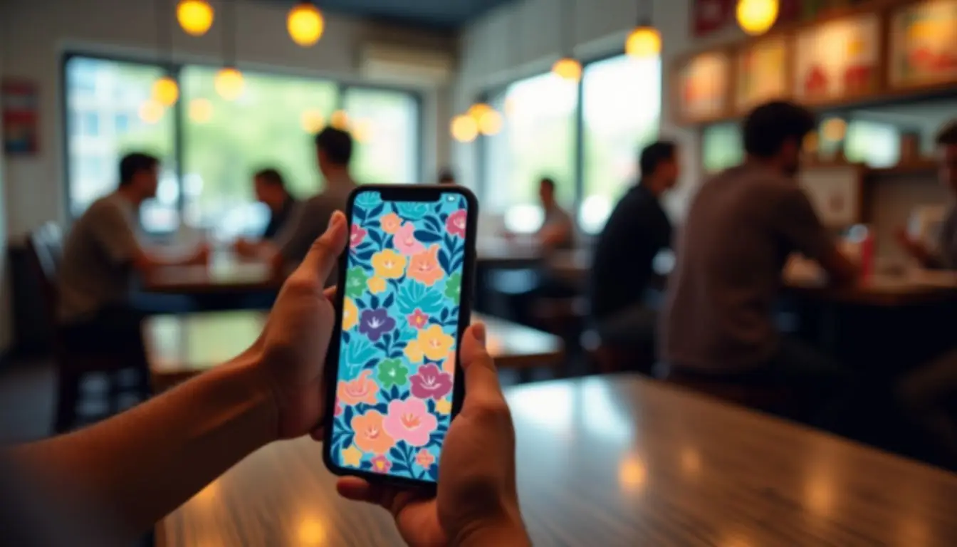 A digital menu in a bustling restaurant with vibrant moving images.