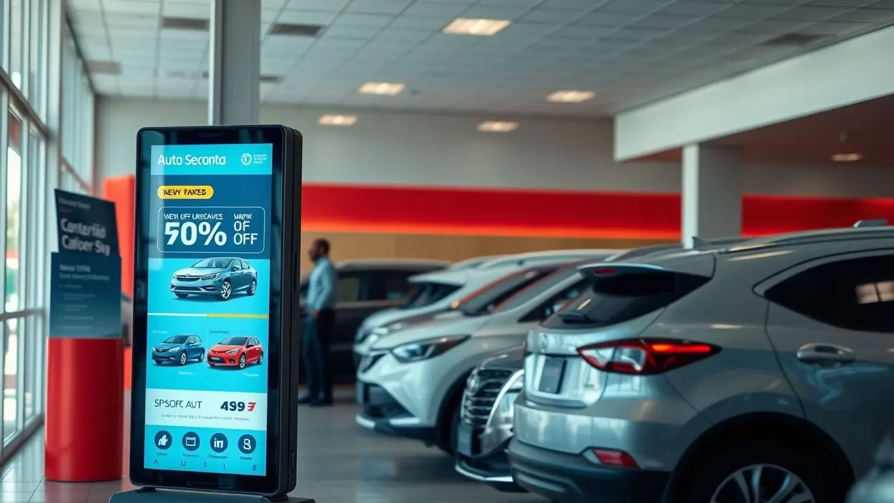 A digital display in an Auto dealership showcasing cars and special offers. A digital display in an Auto dealership showcasing cars and special offers.