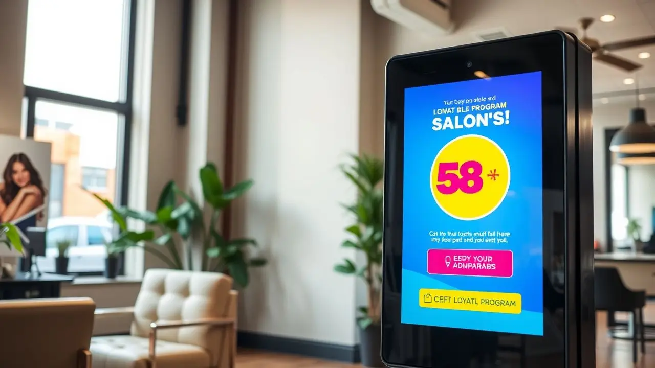 The photo shows a colorful digital signage board in a modern salon.