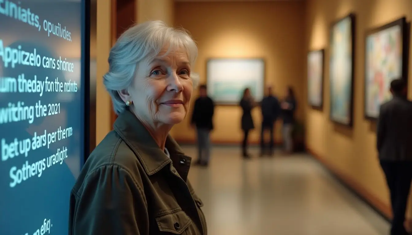 Elderly woman engaged with museum's digital exhibit updates. Elderly woman engaged with museum's digital exhibit updates.