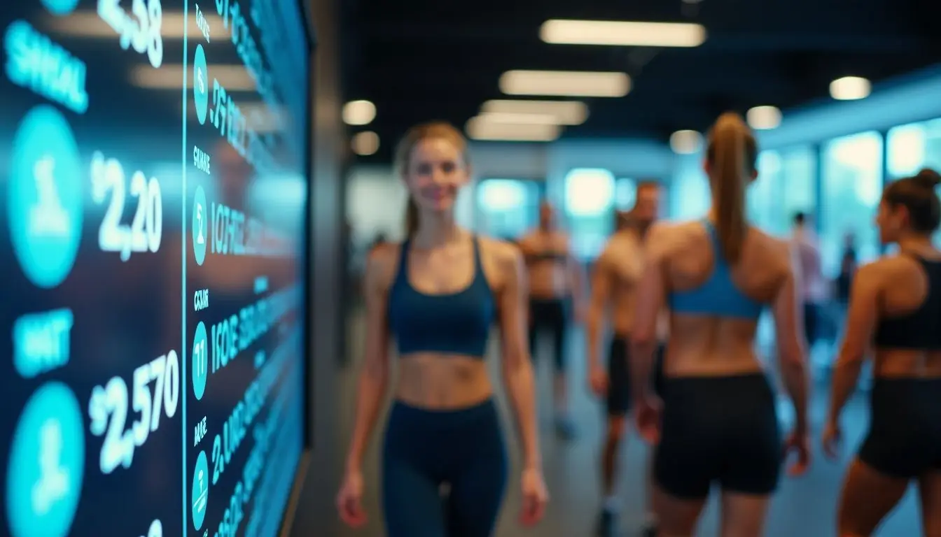 A gym digital signage board displaying workout schedules and real-time fitness data in a busy, everyday gym setting. A gym digital signage board displaying workout schedules and real-time fitness data in a busy, everyday gym setting.