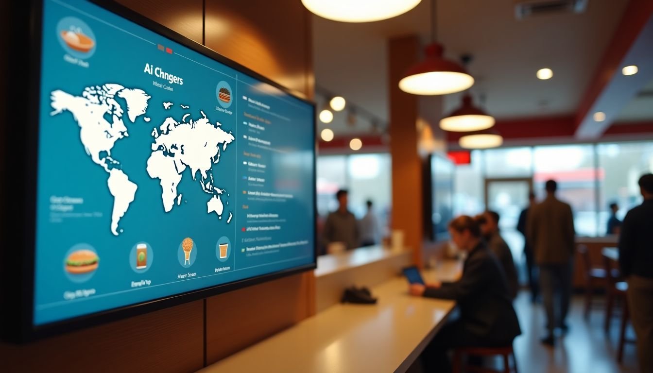 A futuristic digital signage display in a fast-food restaurant uses AI technology.