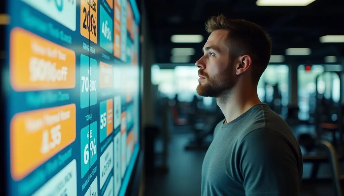 A man looking at gym promotions on a digital sign.