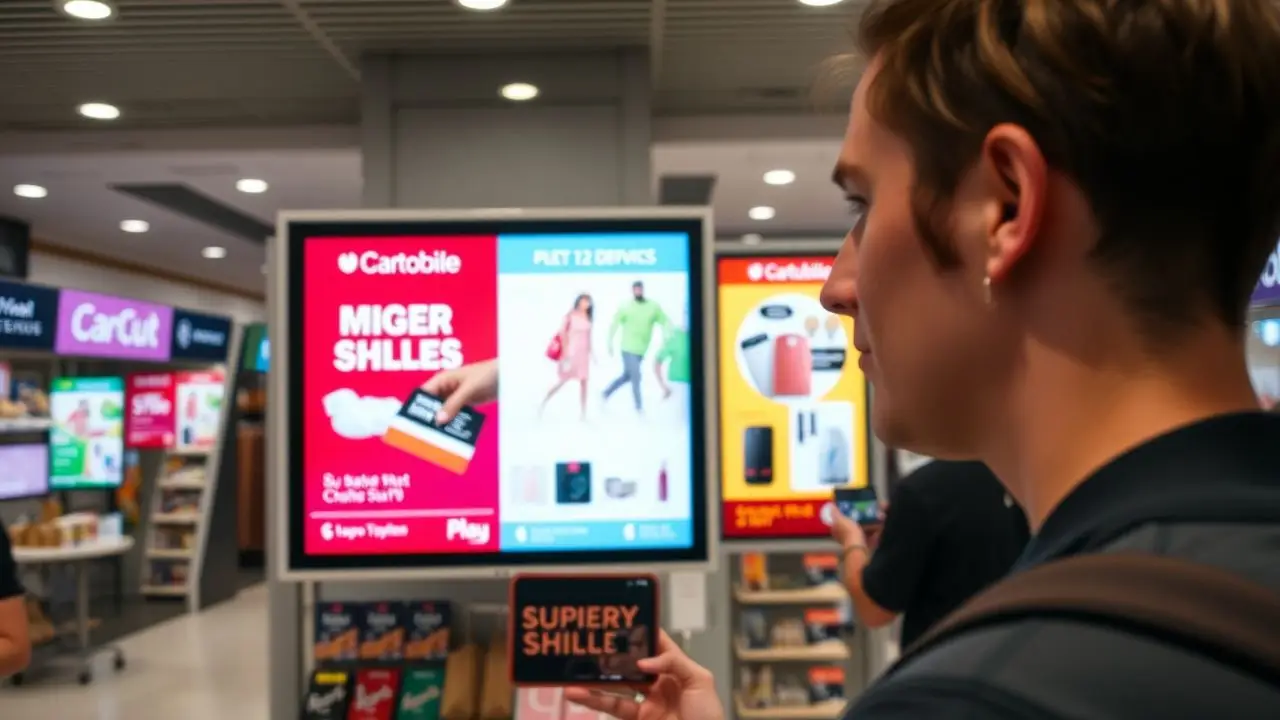A digital display in a retail store showcasing product promotions.