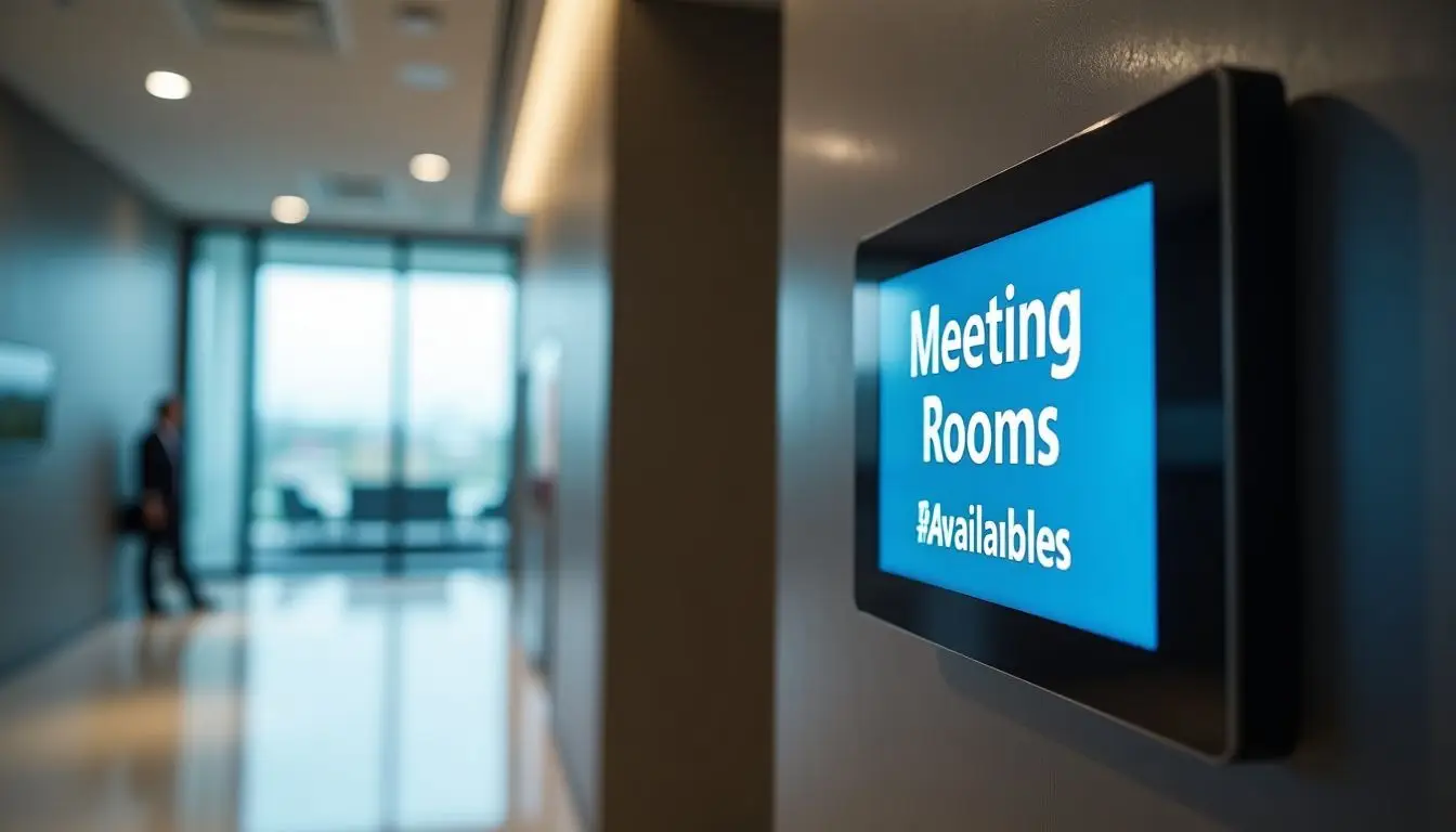 A digital sign displays meeting room availability in a modern lobby.