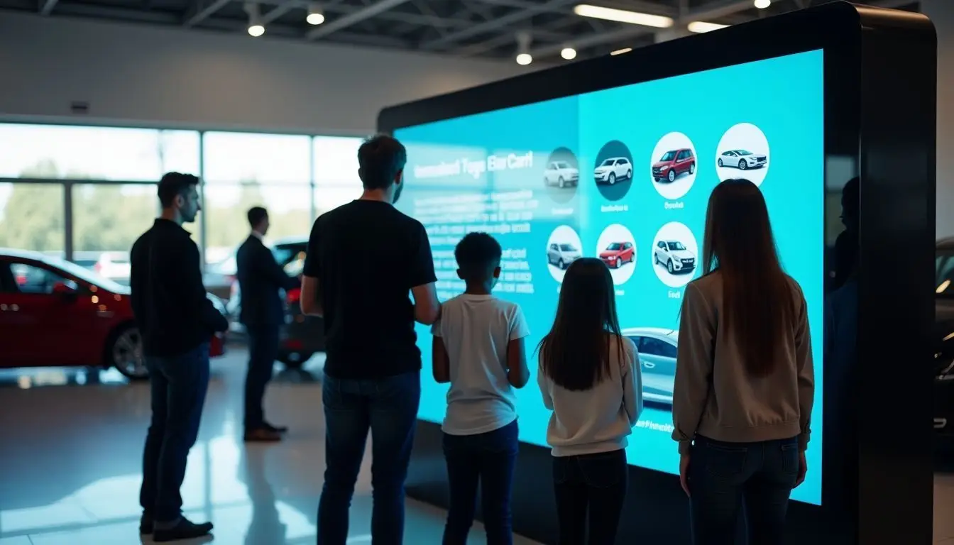 Customers engaging with interactive kiosk at car dealership, viewing vehicle features.