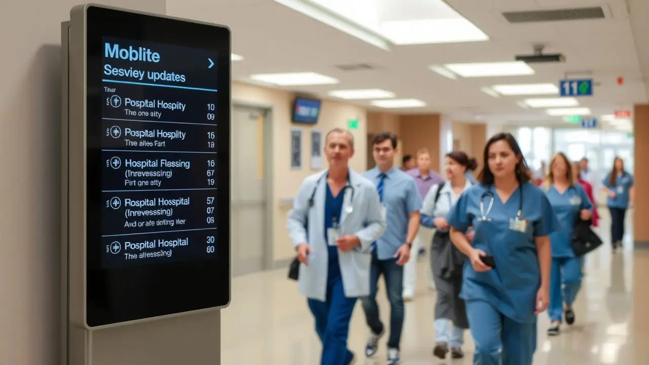 A digital sign in a hospital lobby displays updates and directions. A digital sign in a hospital lobby displays updates and directions.