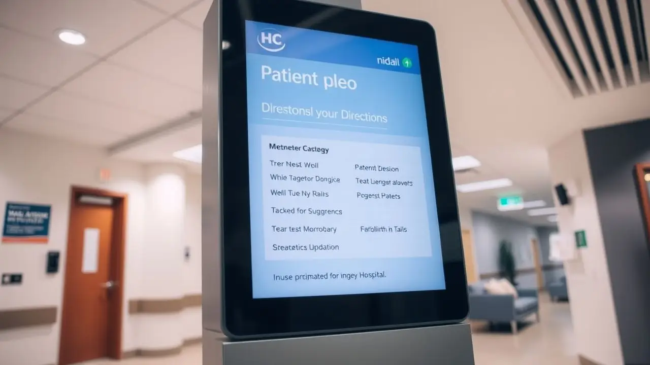 A digital signage screen in a hospital lobby displays patient information.