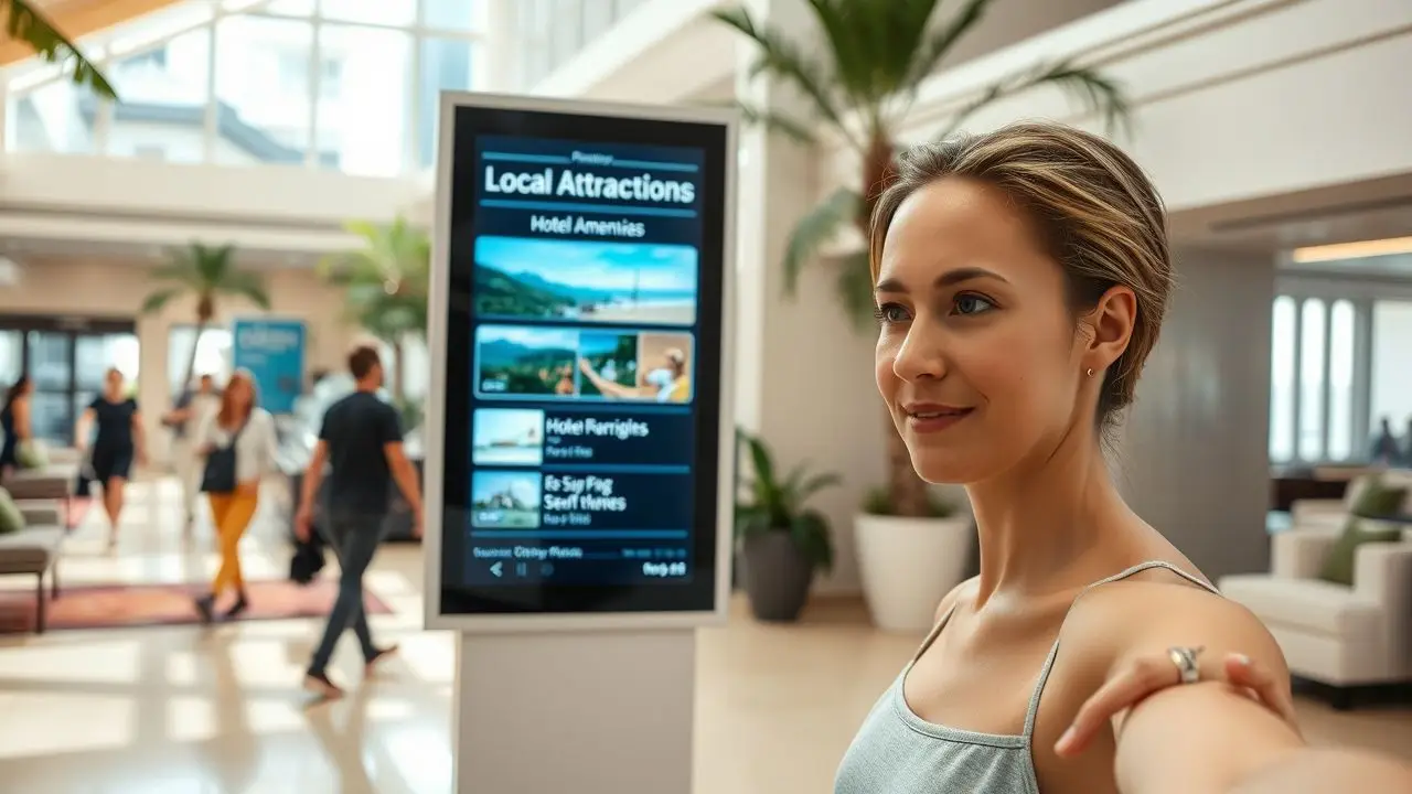 A digital sign in a resort lobby showcases local attractions and amenities.