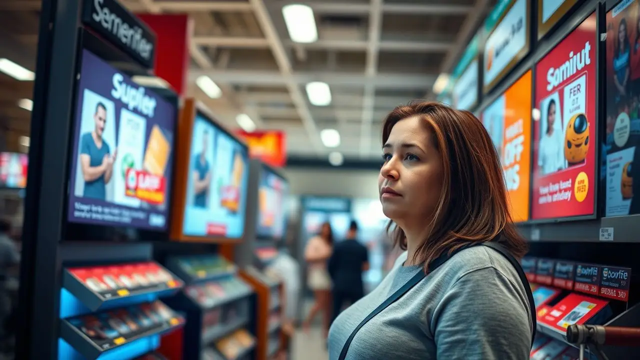 A woman browsing in a retail store with digital signage.