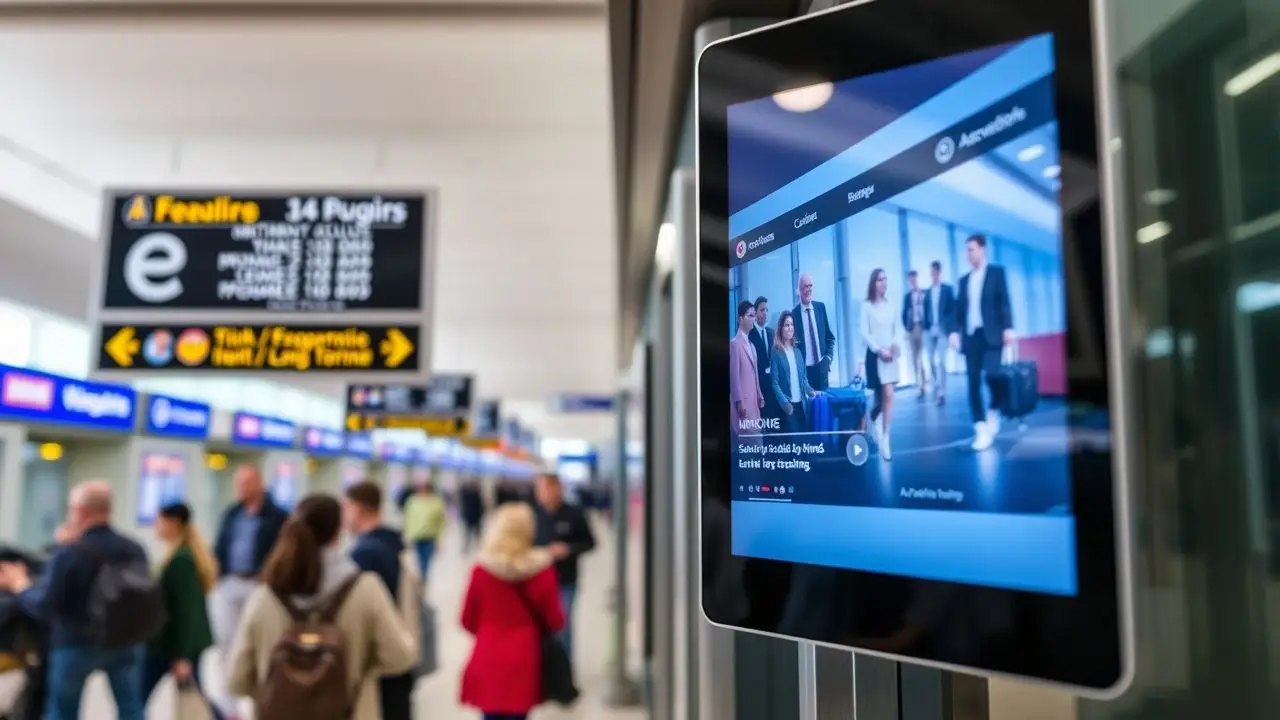 A digital signage screen in an airport terminal displays interactive content. A digital signage screen in an airport terminal displays interactive content.