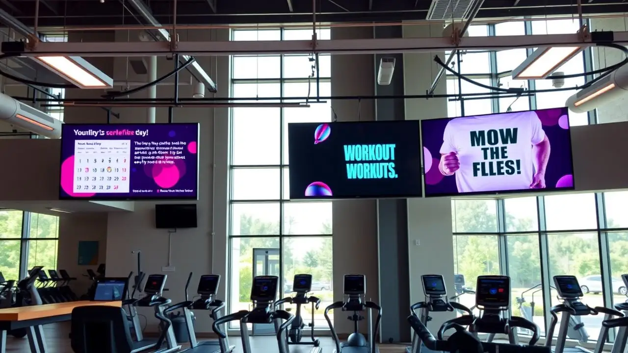 Modern, energetic gym with digital screens and lively atmosphere.