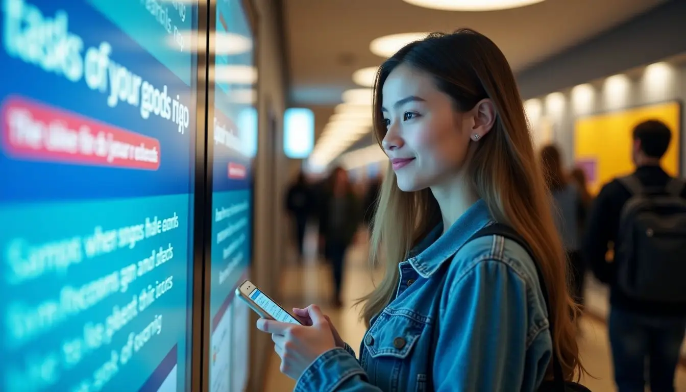 A female student updates digital display in a bustling university hallway.