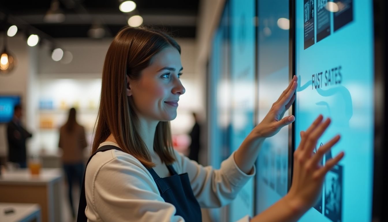 A woman setting up digital signage in a modern retail store.