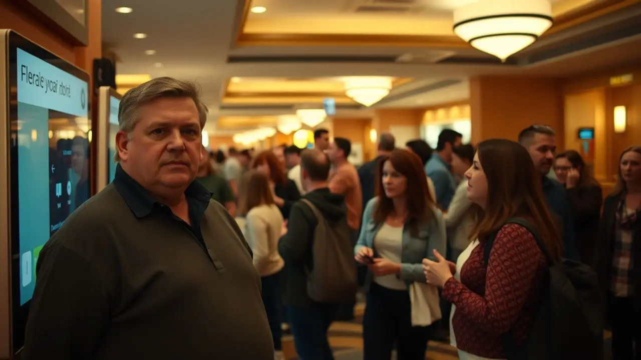 Guests using digital kiosks in a busy hotel lobby.
