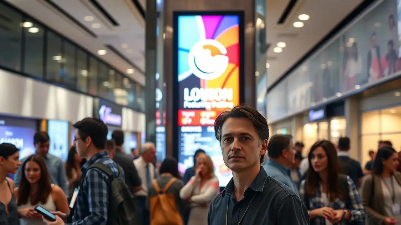 A busy corporate lobby with colorful digital sign and people interacting.