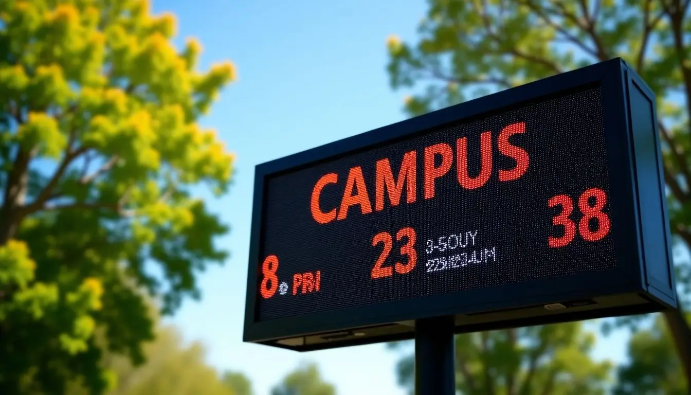 A digital campus sign with real-time updates, surrounded by trees.