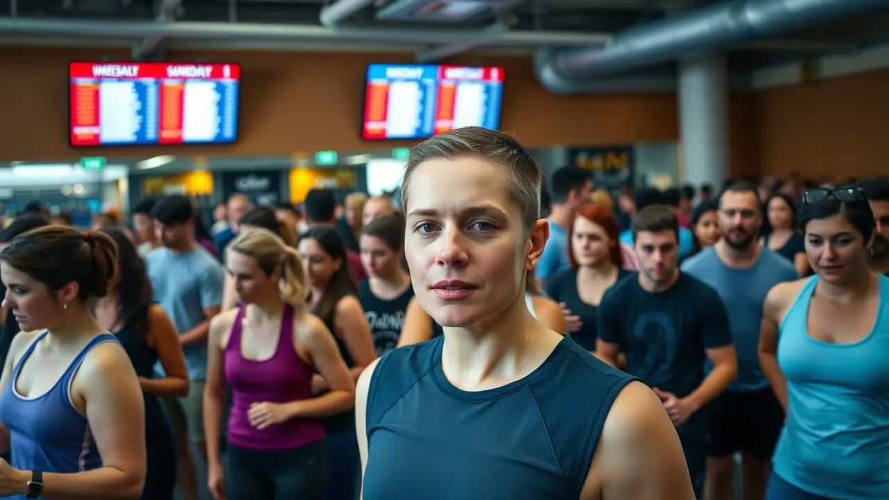 Diverse group exercising in a busy, colorful gym setting.