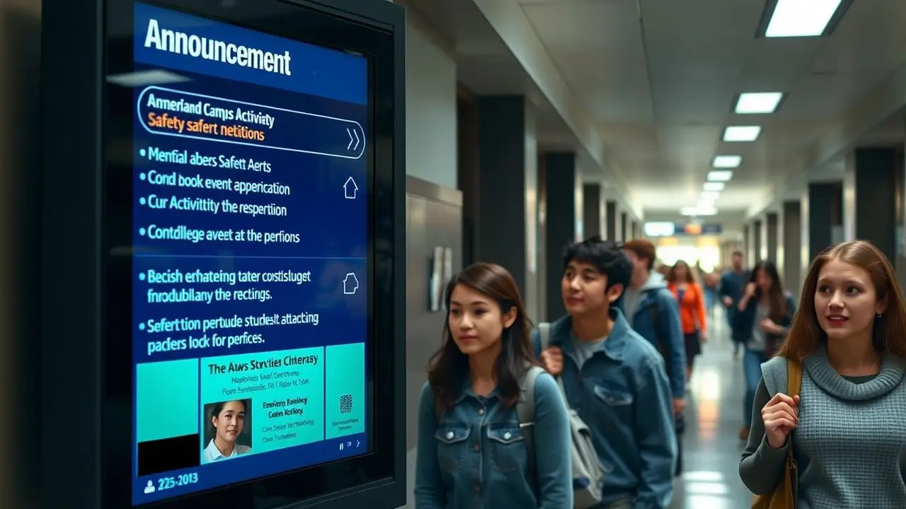 A university digital sign displays important announcements for students.