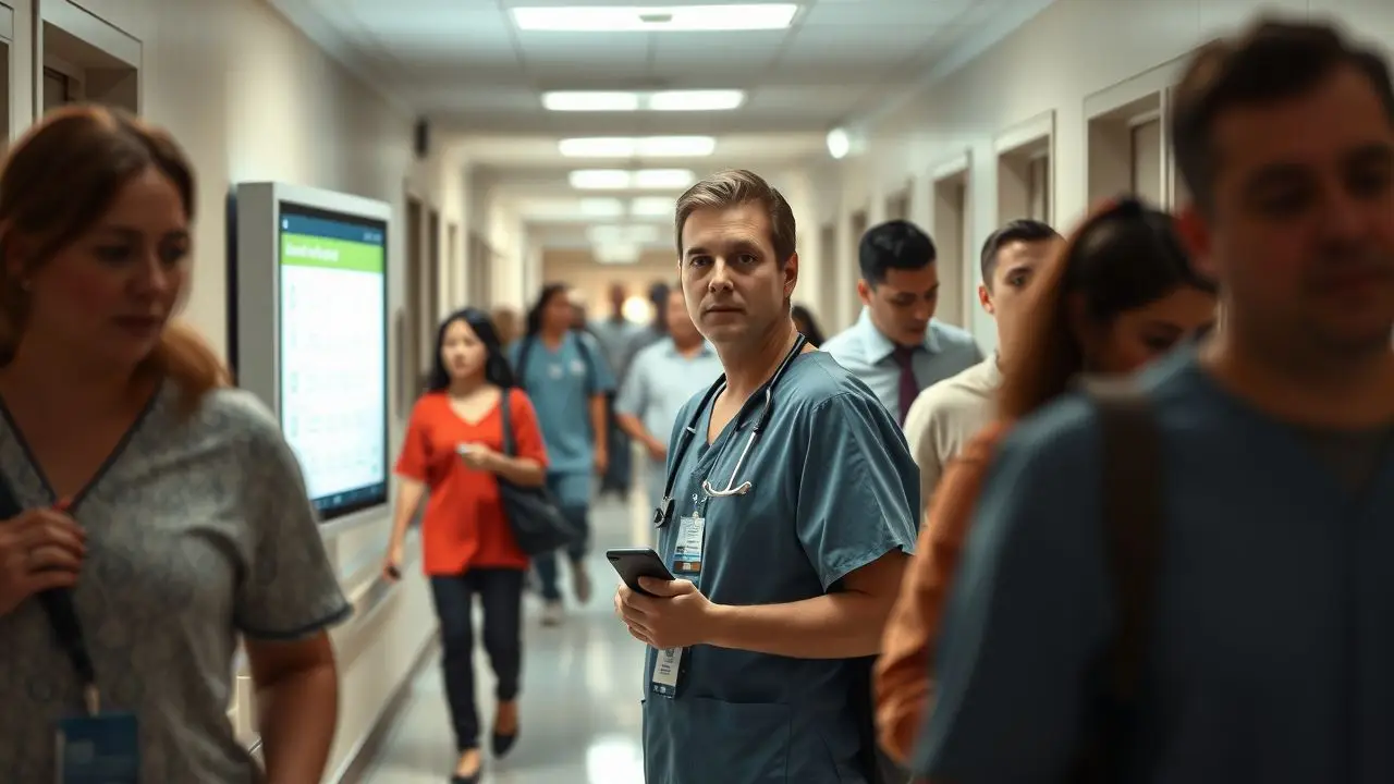 A hospital staff member updates digital signage in a busy corridor.