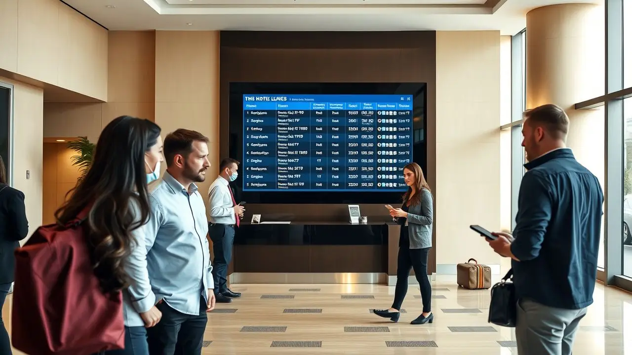 A modern hotel lobby with staff checking a digital display.