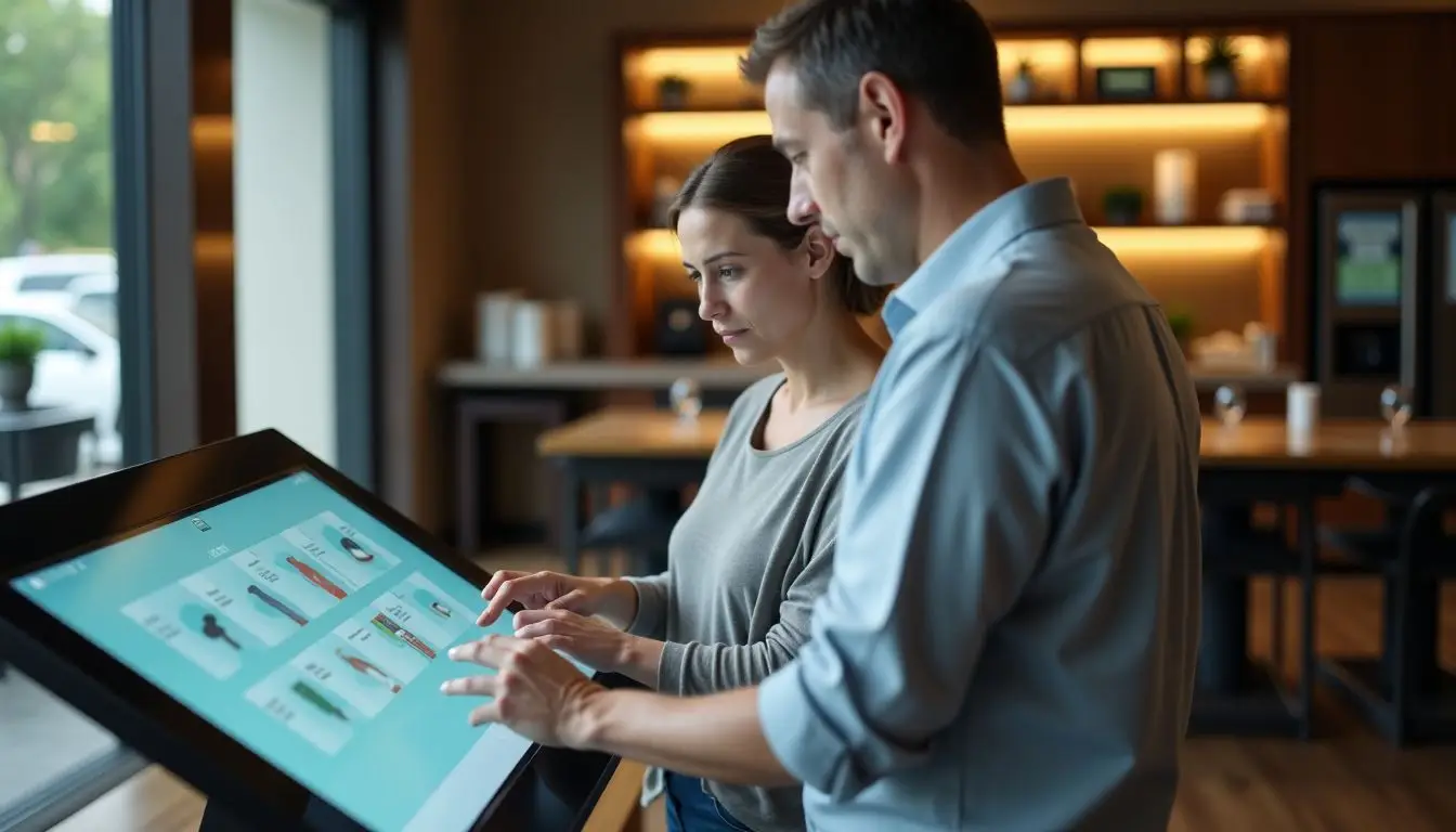 A middle-aged couple interacting with a digital kiosk in a hotel lobby.