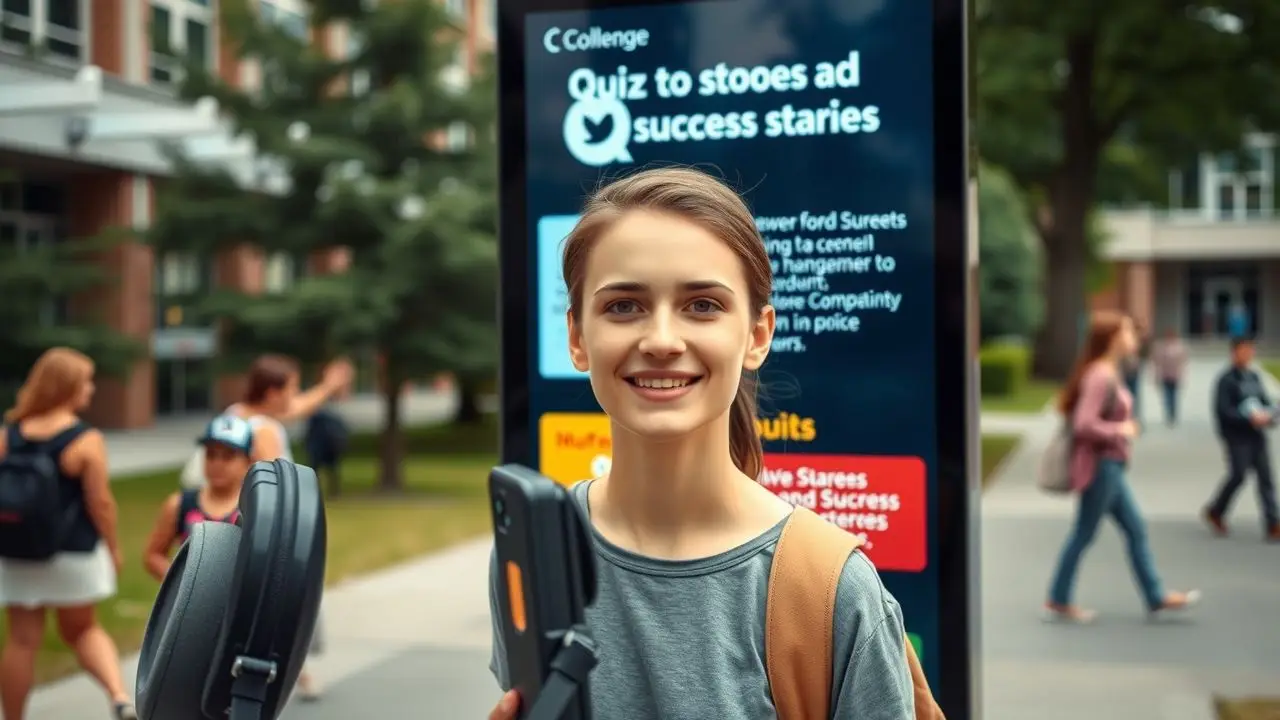 A college student stands in front of a digital campus sign.