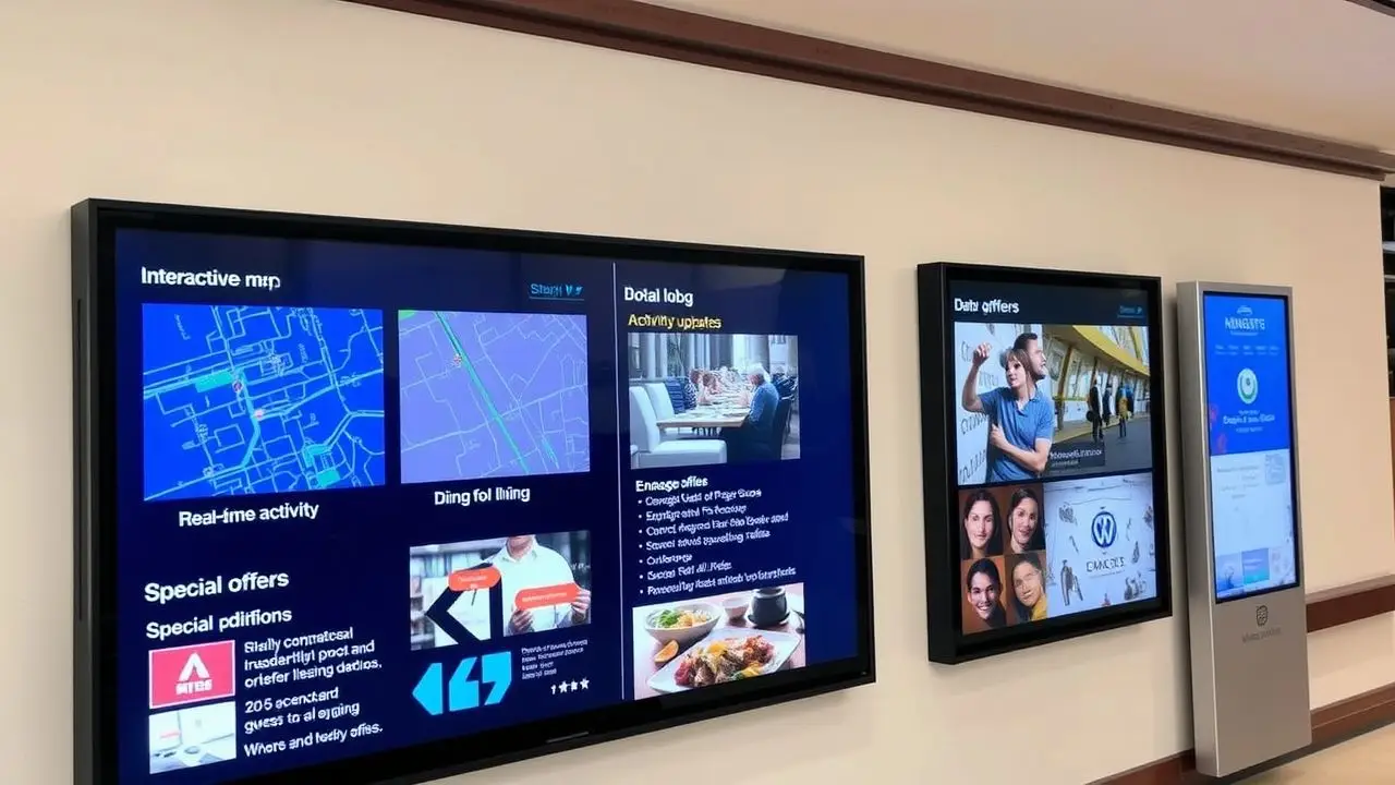A digital signage screen in a hotel lobby displays interactive maps and dining options.