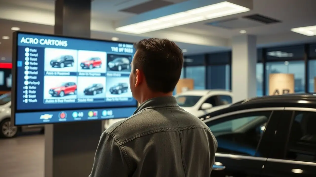 A customer explores vehicle options at a dimly lit car dealership.